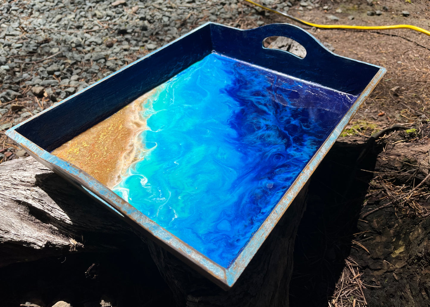 Acrylic Resin Beach On Wood Serving Tray