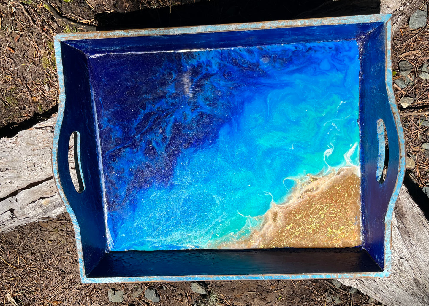 Acrylic Resin Beach On Wood Serving Tray